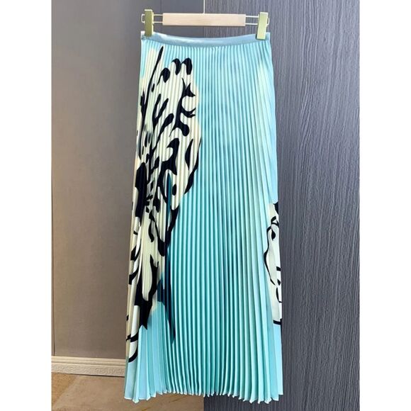 KELLY OBI New York Turquise Bloom Pleated Midi Skirt - Blue/Tan/Black O/S - Picture 1 of 6